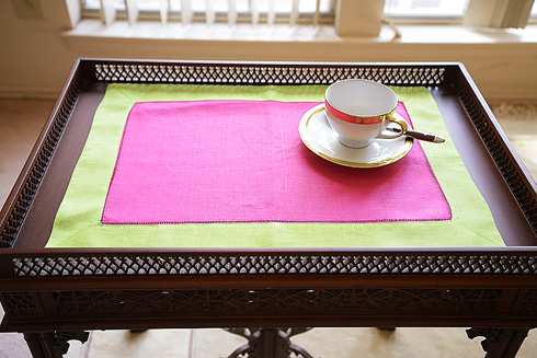 Multicolor Hemstitch Placemat 14"x20". Fuchsia Pink Macaw Green - Click Image to Close